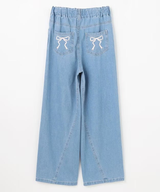 日本童裝 aF#a325 刺繡淺色牛仔寬褲 110-150cm 女童款 夏季 PANTS
