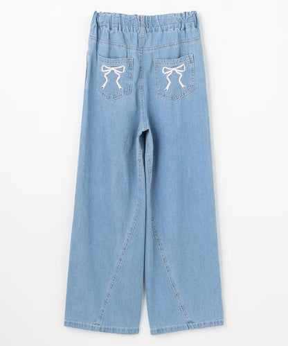 日本童裝 aF#a325 刺繡淺色牛仔寬褲 110-150cm 女童款 夏季 PANTS