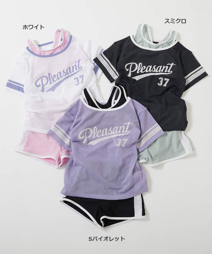Japanese dev!rock children's clothing: UV-blocking two-piece swimsuit and mesh T-shirt (100-160cm). Girls' summer tops and pants. Summer swimwear special.