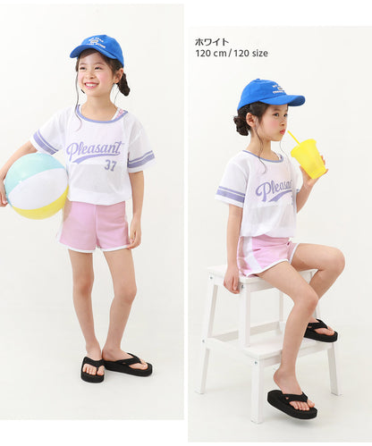 Japanese dev!rock children's clothing: UV-blocking two-piece swimsuit and mesh T-shirt (100-160cm). Girls' summer tops and pants. Summer swimwear special.