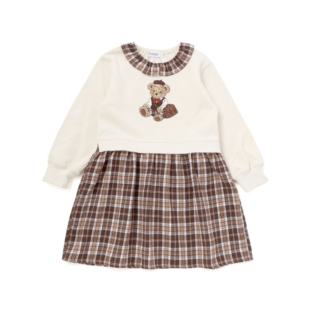 日本童裝  SLAP SLIP 熊熊格子拼接連身裙 80-130cm 女童款 秋季 DRESSES 聖誕紅/新年紅