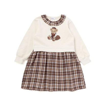 日本童裝  SLAP SLIP 熊熊格子拼接連身裙 80-130cm 女童款 秋季 DRESSES 聖誕紅/新年紅