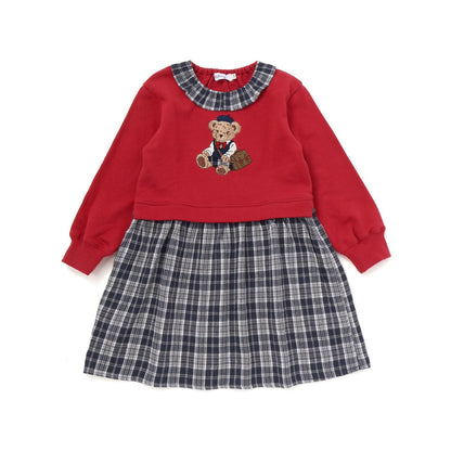 日本童裝  SLAP SLIP 熊熊格子拼接連身裙 80-130cm 女童款 秋季 DRESSES 聖誕紅/新年紅