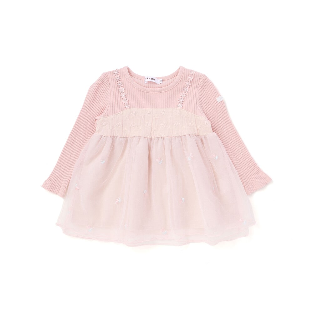 日本童裝  SLAP SLIP 薄紗拼接羅紋長袖上衣 80-130cm 女童款 秋季 TOPS