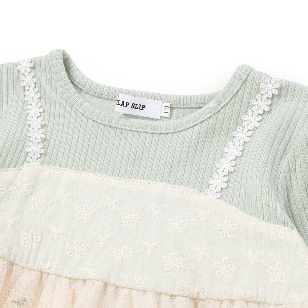 日本童裝  SLAP SLIP 薄紗拼接羅紋長袖上衣 80-130cm 女童款 秋季 TOPS