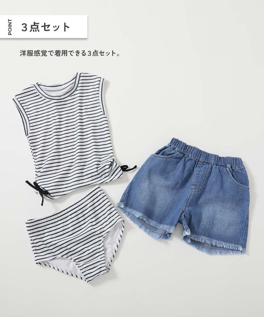 Japanese dev!rock UV-blocking two-piece swimsuit and denim shorts set (100-160cm) for girls. Summer TOPS PANTS. Summer swimsuit special.