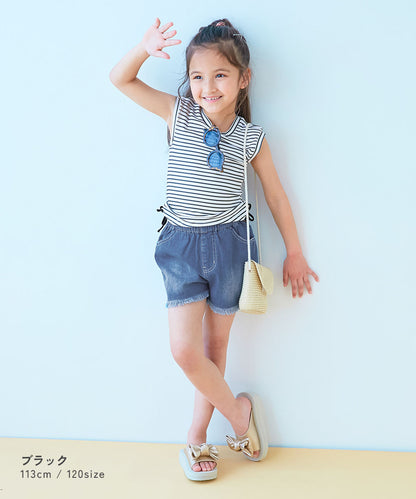 Japanese dev!rock UV-blocking two-piece swimsuit and denim shorts set (100-160cm) for girls. Summer TOPS PANTS. Summer swimsuit special.