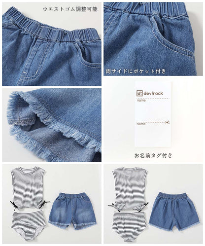 Japanese dev!rock UV-blocking two-piece swimsuit and denim shorts set (100-160cm) for girls. Summer TOPS PANTS. Summer swimsuit special.