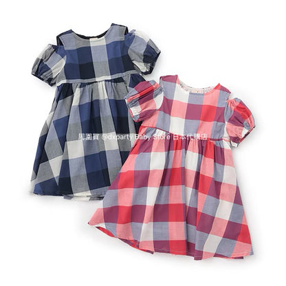 Japanese children's clothing pe#main off-the-shoulder checkered dress 80-130cm girls summer dresses 