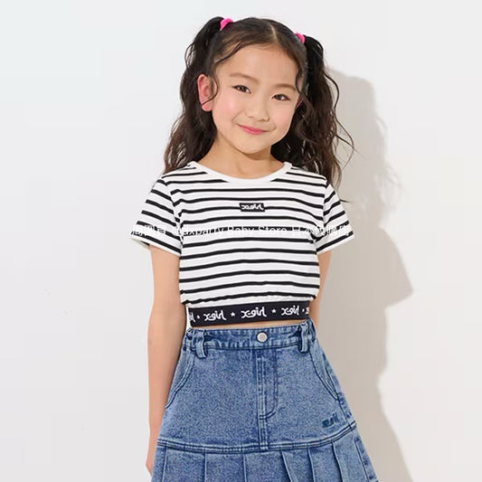 Japanese children's clothing X-girl Stages striped cropped top 90-140cm girls summer TOPS 