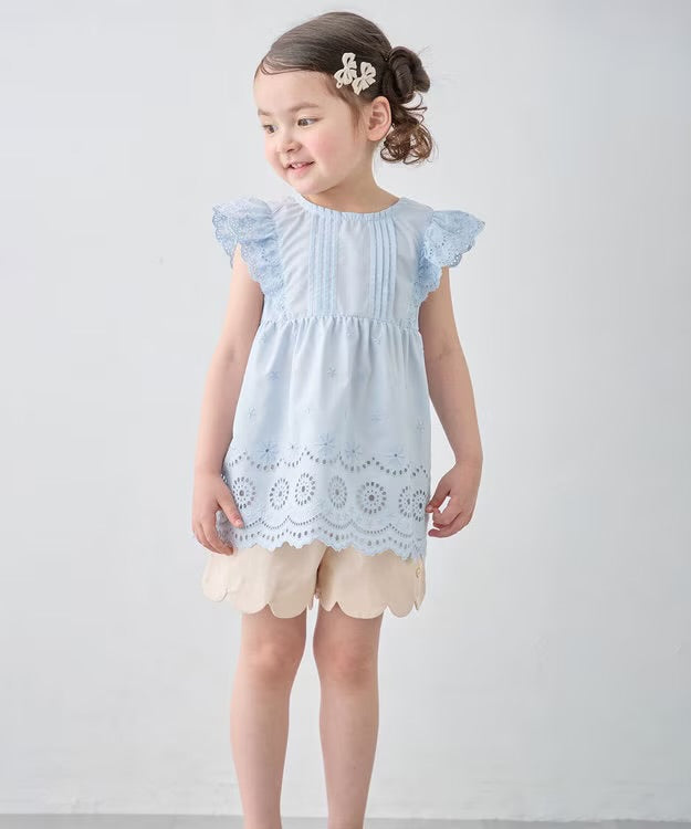 日本童裝 aF#a325 接觸冷感 蕾絲小飛袖刺繡上衣 90-150cm 女童款 夏季 TOPS