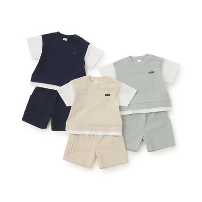 日本童裝 pe#main 接觸冷感 假兩件上衣及短褲套裝 80-130cm 男童款 夏季 TOPS PANTS