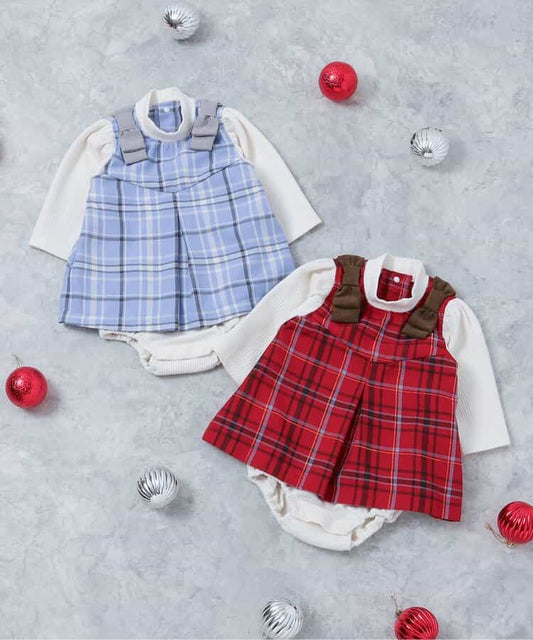 日本童裝 apres les cours 格仔連衣 70-80cm 女童款 冬季 Jumpsuit 聖誕紅/新年紅