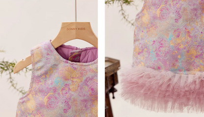 新年童裝  粉金綺夢紗邊唐裝背心 90-150cm 女童款 新年中式華服唐裝 新春馬年 2026年 AAA