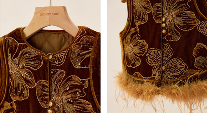 新年童裝 聚福納吉絲絨毛毛背心（毛毛可拆） 90-150cm 女童款 新年中式華服唐裝 新春馬年 2026年 AAA