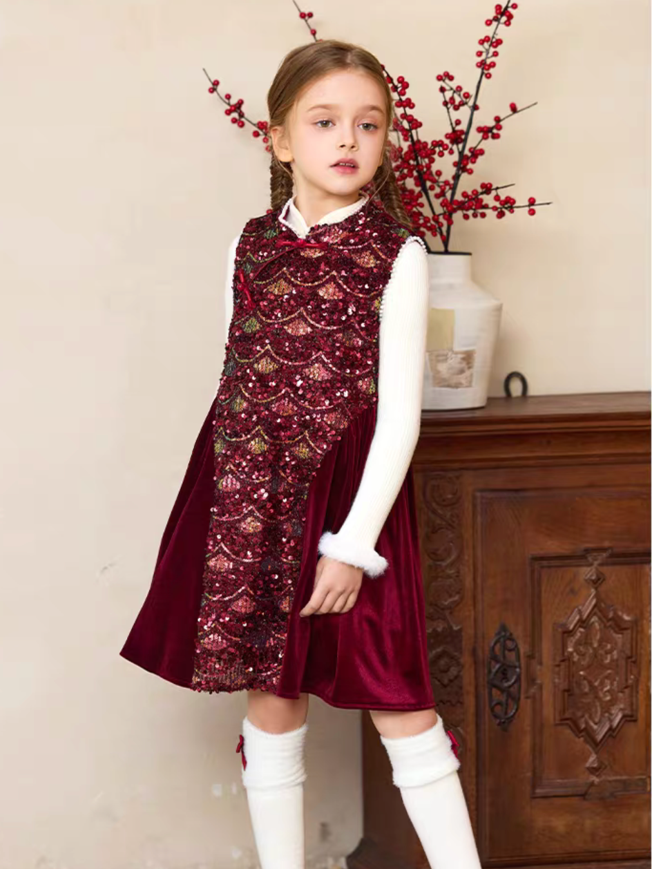 新年童裝 人魚亮片珍珠領旗袍兩件套裝 110-170cm 女童款 新年中式華服唐裝 新春馬年 2026年 AAA