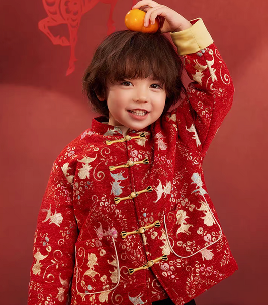 新年童裝 雲錦逐鯉唐裝外套/背心旗袍裙 90-150cm 男童款/女童款 新年中式華服唐裝 新春馬年 2026年 AAA