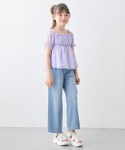 日本童裝 aF#a325 刺繡淺色牛仔寬褲 110-150cm 女童款 夏季 PANTS