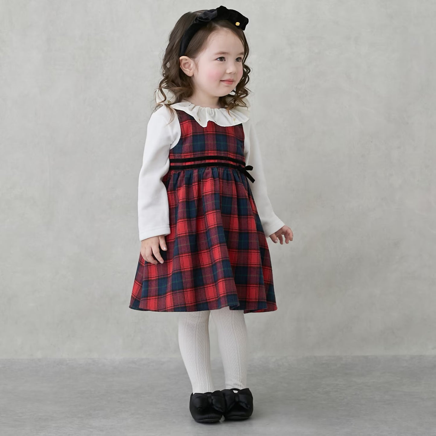 日本童裝 pe#main 假兩件格仔連身裙 80-130cm 女童款 冬季 DRESSES 面試/宴會/表演 聖誕紅/新年紅