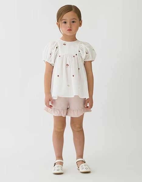 日本童裝 pe#main 士多啤梨刺繡泡芙袖上衣 80-130cm 女童款 夏季 TOPS