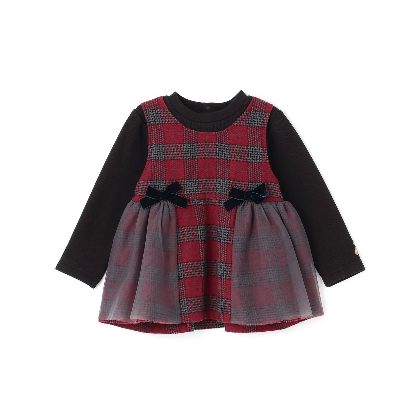 日本童裝 pe#main 假兩件蝴蝶結花邊上衣 80-130cm 女童款 冬季 TOPS 聖誕紅/新年紅