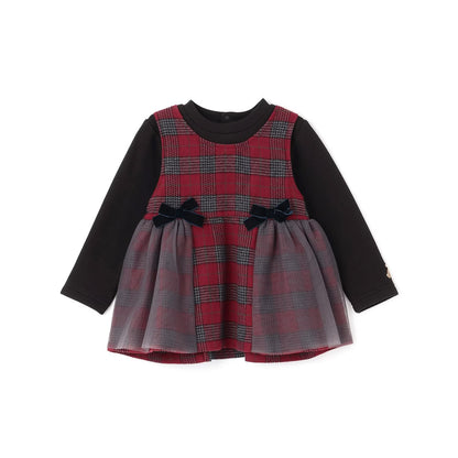 日本童裝 pe#main 假兩件蝴蝶結花邊上衣 80-130cm 女童款 冬季 TOPS 聖誕紅/新年紅