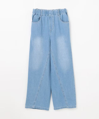日本童裝 aF#a325 刺繡淺色牛仔寬褲 110-150cm 女童款 夏季 PANTS