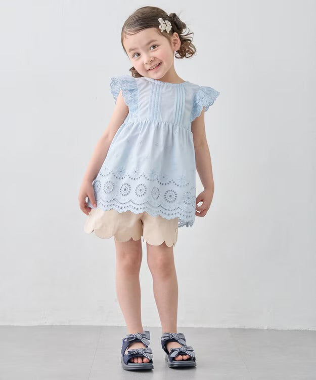 日本童裝 aF#a325 接觸冷感 蕾絲小飛袖刺繡上衣 90-150cm 女童款 夏季 TOPS