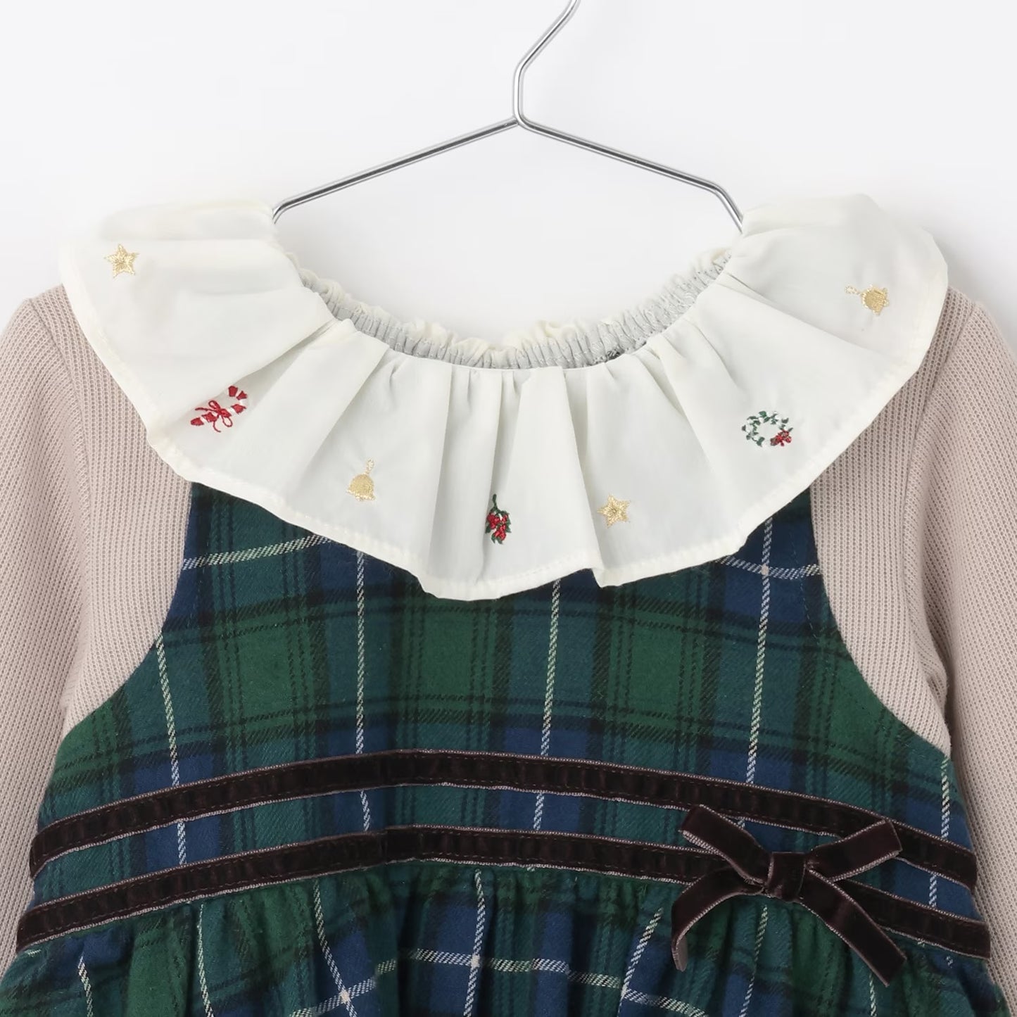 日本童裝 pe#main 假兩件格仔連身裙 80-130cm 女童款 冬季 DRESSES 面試/宴會/表演 聖誕紅/新年紅