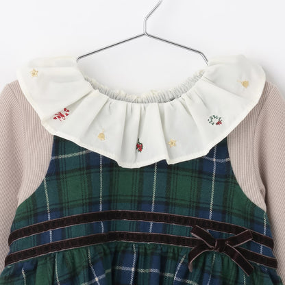 日本童裝 pe#main 假兩件格仔連身裙 80-130cm 女童款 冬季 DRESSES 面試/宴會/表演 聖誕紅/新年紅