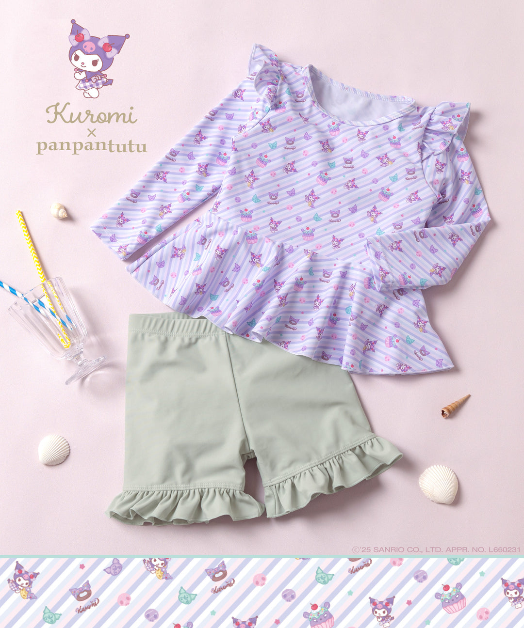 Japanese children's clothing panpantutu x Sanrio Kuromi UV protection two-piece swimsuit set 95-130cm girls summer swimsuit special edition 
