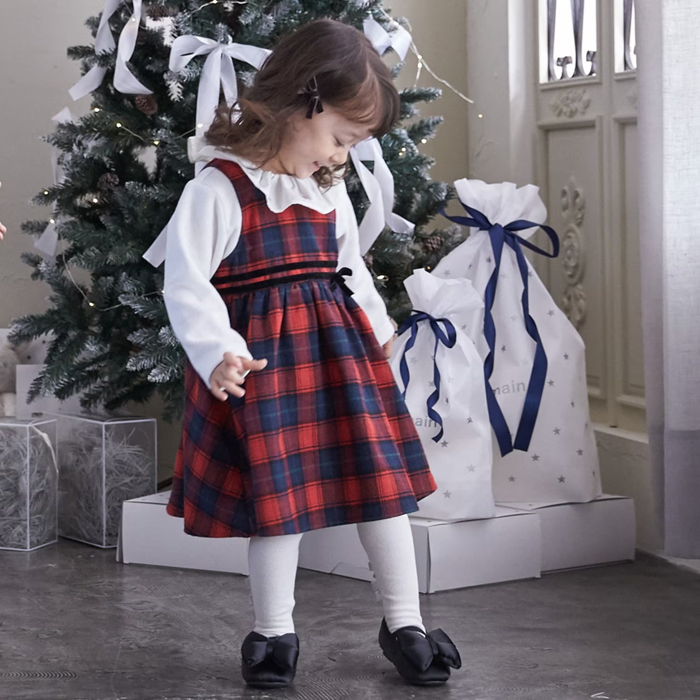 日本童裝 pe#main 假兩件格仔連身裙 80-130cm 女童款 冬季 DRESSES 面試/宴會/表演 聖誕紅/新年紅