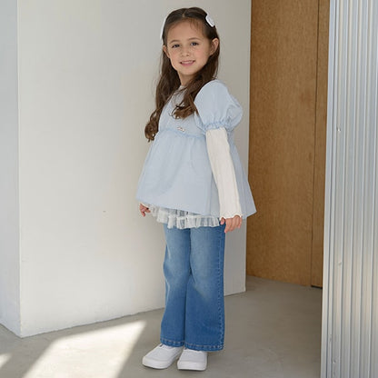Japanese children's clothing Ly# mine fake two-piece puff sleeve top 100-150cm girls spring and summer TOPS 