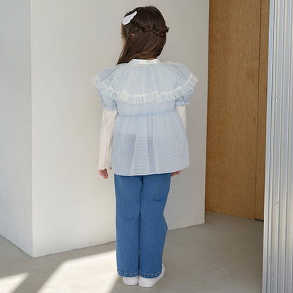 Japanese children's clothing Ly# mine fake two-piece puff sleeve top 100-150cm girls spring and summer TOPS 