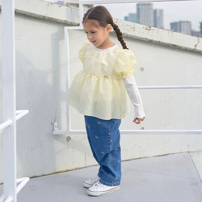 Japanese children's clothing Ly# mine fake two-piece puff sleeve top 100-150cm girls spring and summer TOPS 