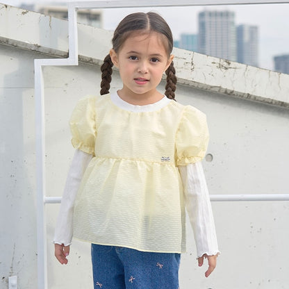 Japanese children's clothing Ly# mine fake two-piece puff sleeve top 100-150cm girls spring and summer TOPS 