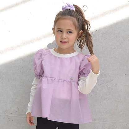 Japanese children's clothing Ly# mine fake two-piece puff sleeve top 100-150cm girls spring and summer TOPS 