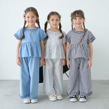 Japanese children's clothing Ly# mine ruffled top and pants two-piece suit 100-150cm girls spring and summer TOPS PANTS 