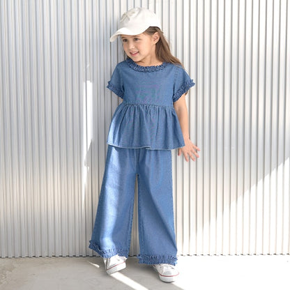 Japanese children's clothing Ly# mine ruffled top and pants two-piece suit 100-150cm girls spring and summer TOPS PANTS 