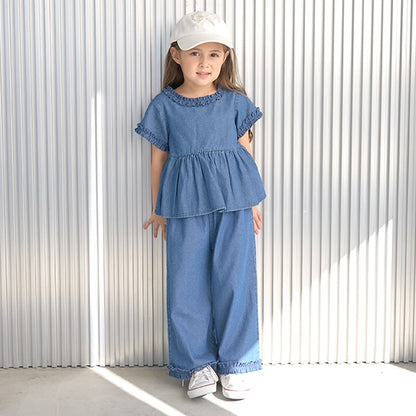 Japanese children's clothing Ly# mine ruffled top and pants two-piece suit 100-150cm girls spring and summer TOPS PANTS 