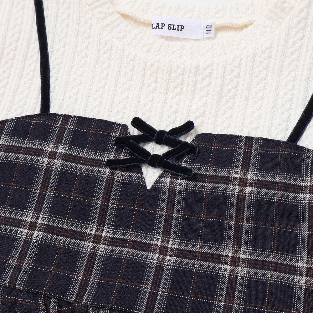 日本童裝  SLAP SLIP 假兩件格紋針織上衣 80-130cm 女童款 冬季 TOPS