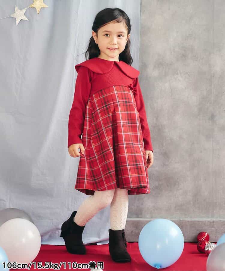 日本童裝 apres les cours 披肩格紋連身裙 80-140cm 女童款 冬季 DRESSES 聖誕紅/新年紅