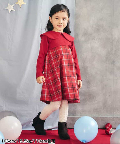 日本童裝 apres les cours 披肩格紋連身裙 80-140cm 女童款 冬季 DRESSES 聖誕紅/新年紅