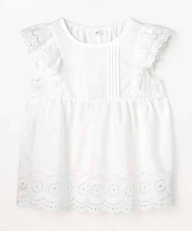 日本童裝 aF#a325 接觸冷感 蕾絲小飛袖刺繡上衣 90-150cm 女童款 夏季 TOPS
