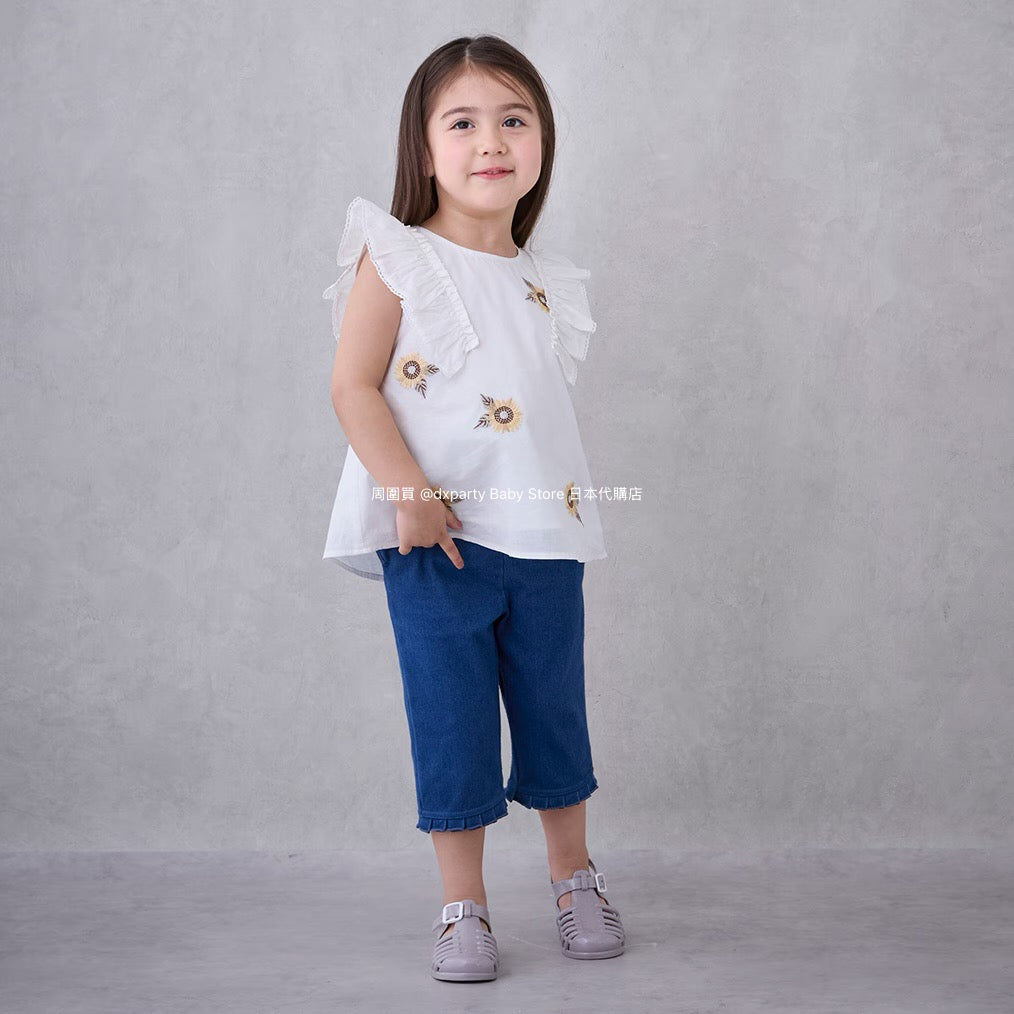 Japanese children's clothing pe#main flower embroidered top 80-130cm girls summer TOPS 