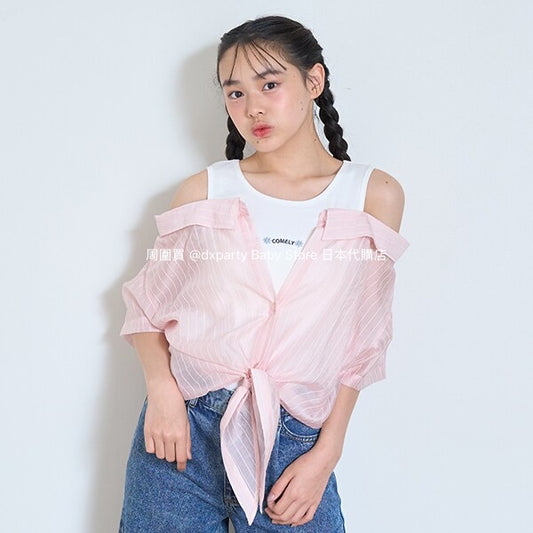 Lovetoxic Japanese children's clothing fake two-piece off-the-shoulder shirt 140-160cm girls summer TOPS 