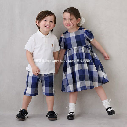 Japanese children's clothing pe#main off-the-shoulder checkered dress 80-130cm girls summer dresses 