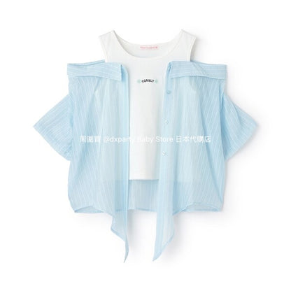 Lovetoxic Japanese children's clothing fake two-piece off-the-shoulder shirt 140-160cm girls summer TOPS 