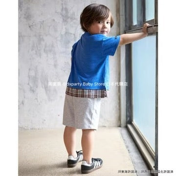 Japanese children's clothing pe#main x Shinkansen plaid appliqué short-sleeved top 80-130cm boys' summer TOPS railway series 