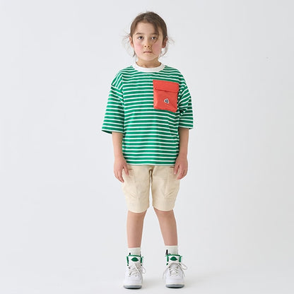 Japanese children's clothing mini#ML mountain series pocket striped top 90-140cm boys/girls summer TOPS 